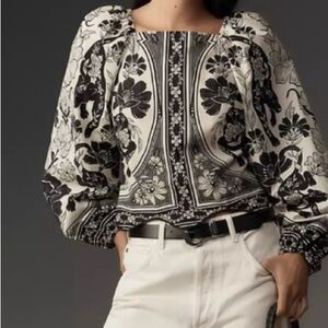 FARM Rio Black and White Floral Square-Neck Peasant Blouse